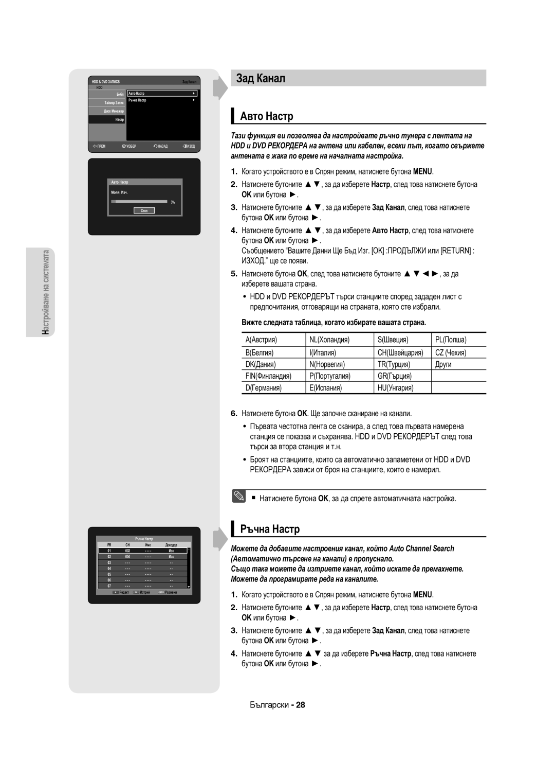 Samsung DVD-HR753/EUR manual Зад Канал, Авто Настр, Ръчна Настр, Вижте следната таблица, когато избирате вашата страна 