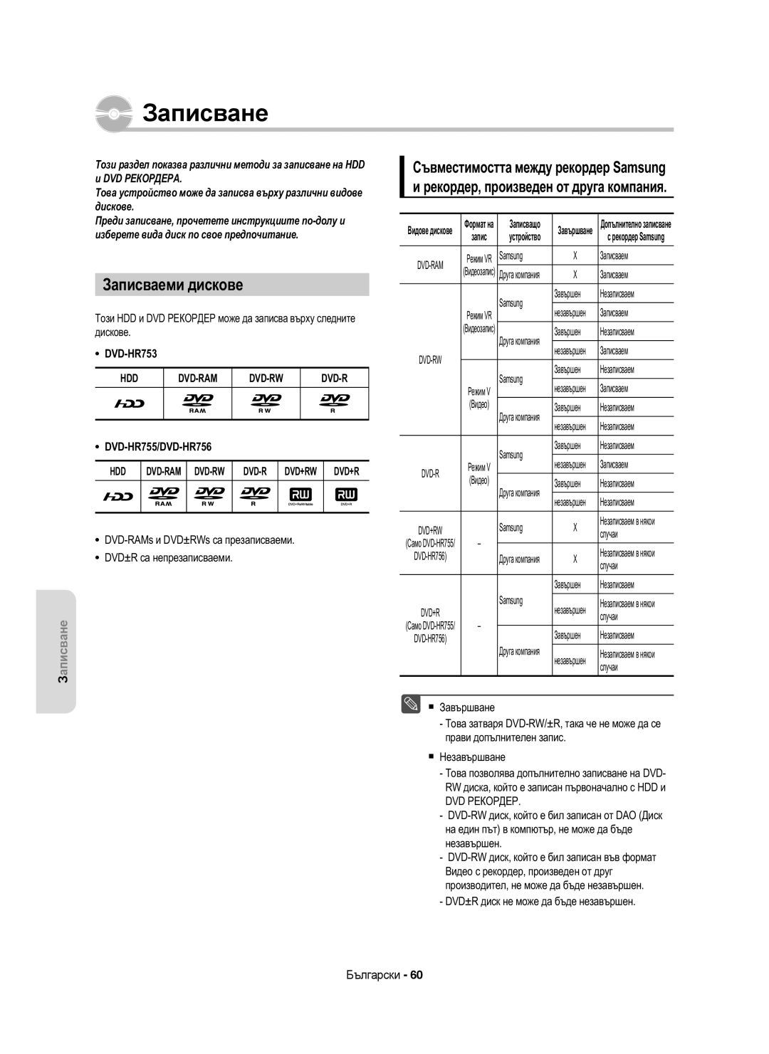 Samsung DVD-HR755/AUS, DVD-HR753/EUR manual Записваеми дискове, DVD-RAMs и DVD±RWs са презаписваеми DVD±R са непрезаписваеми 