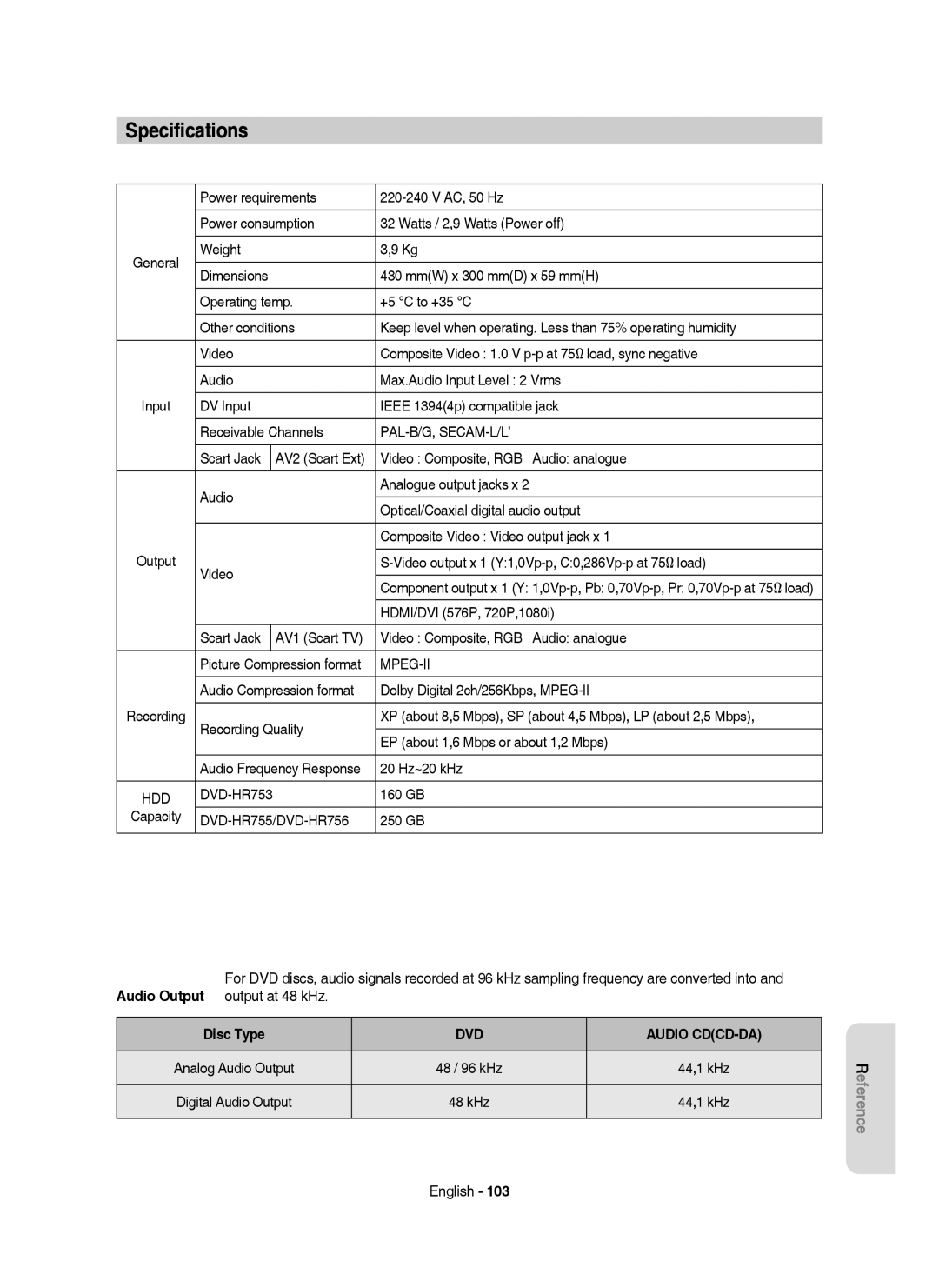 Samsung DVD-HR753/EUR, DVD-HR755/AUS, DVD-HR753/XEB, DVD-HR755/XEG, DVD-HR753/XEG, DVD-HR755/XEB manual Speciﬁcations, Disc Type 