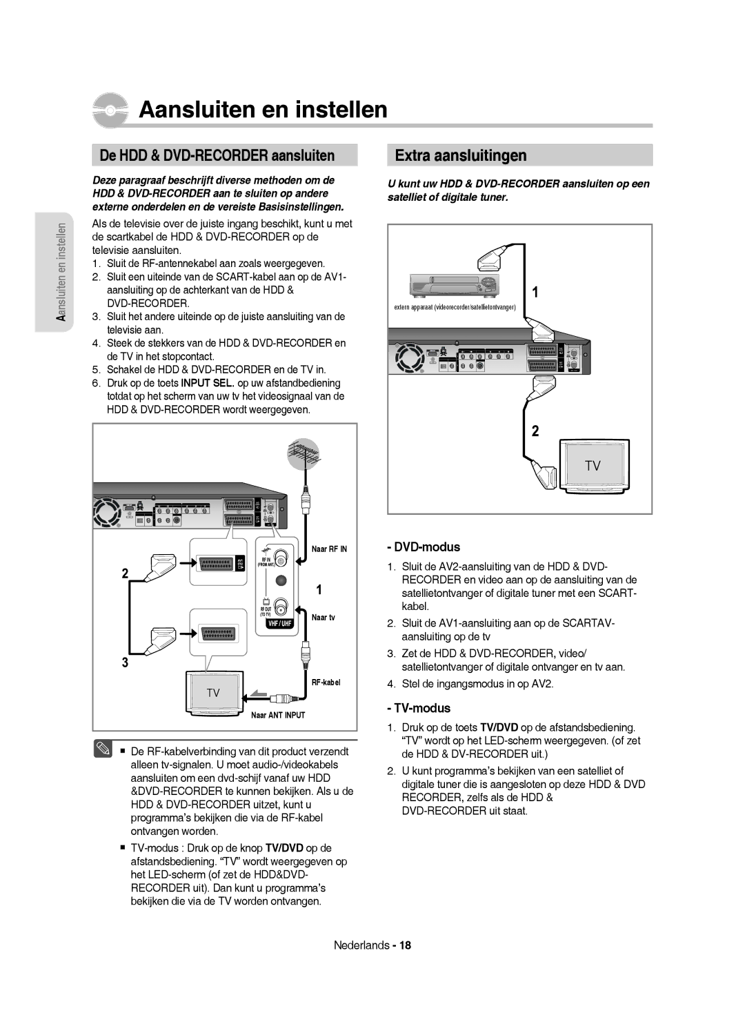 Samsung DVD-HR755/XEB Aansluiten en instellen, Extra aansluitingen, De HDD & DVD-RECORDER aansluiten, DVD-modus, TV-modus 