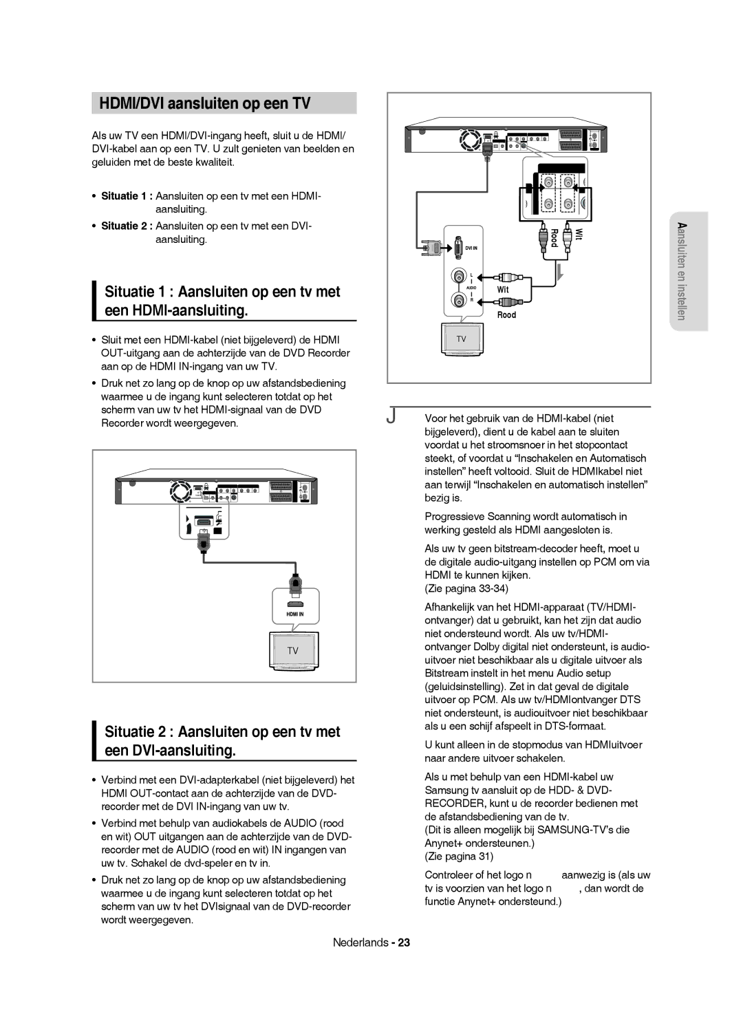 Samsung DVD-HR753/XET manual HDMI/DVI aansluiten op een TV, Situatie 1 Aansluiten op een tv met een HDMI-aansluiting 