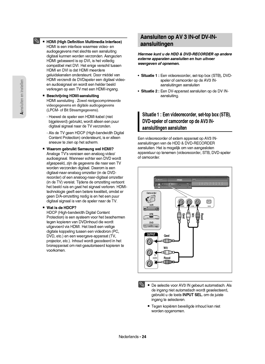 Samsung DVD-HR755/XET, DVD-HR755/AUS, DVD-HR753/XEB, DVD-HR755/XEG manual Aansluiten op AV 3 IN-of DV-IN Aansluitingen 