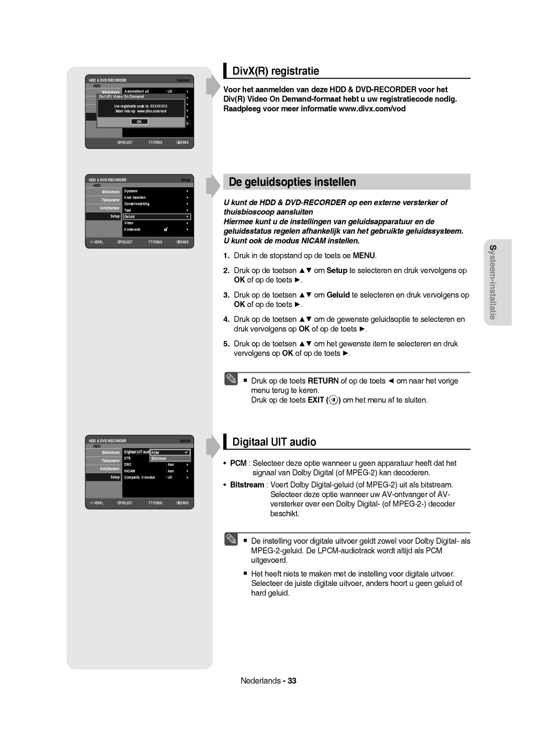 Samsung DVD-HR755/XEB, DVD-HR755/AUS, DVD-HR753/XEB manual De geluidsopties instellen, DivXR registratie, Digitaal UIT audio 