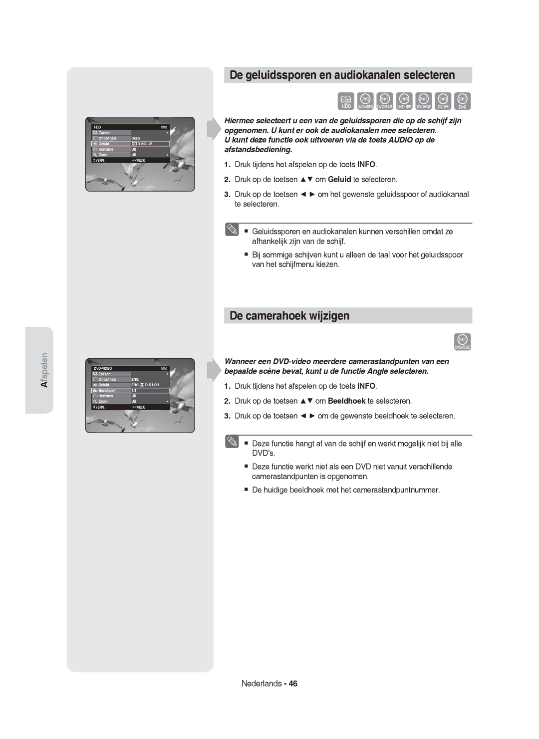 Samsung DVD-HR755/XEG manual De geluidssporen en audiokanalen selecteren, De camerahoek wijzigen, Zoeken Ondertitels 