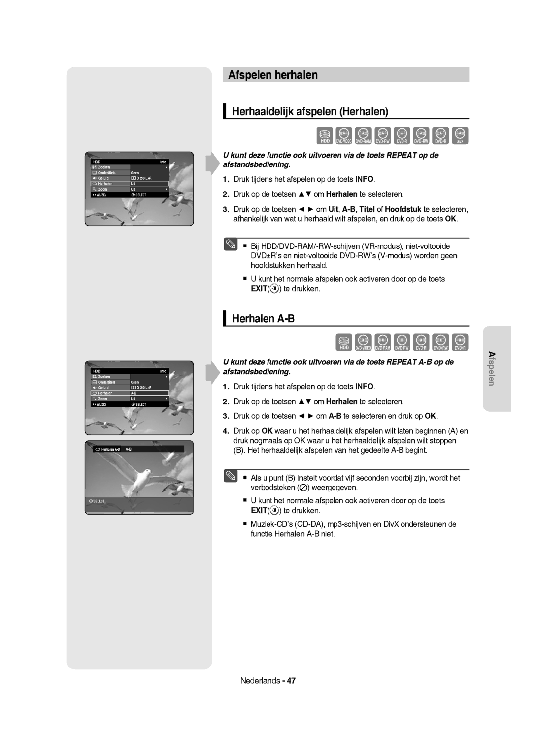 Samsung DVD-HR753/XEG, DVD-HR755/AUS manual Afspelen herhalen, Herhaaldelijk afspelen Herhalen, Herhalen A-B A-B 