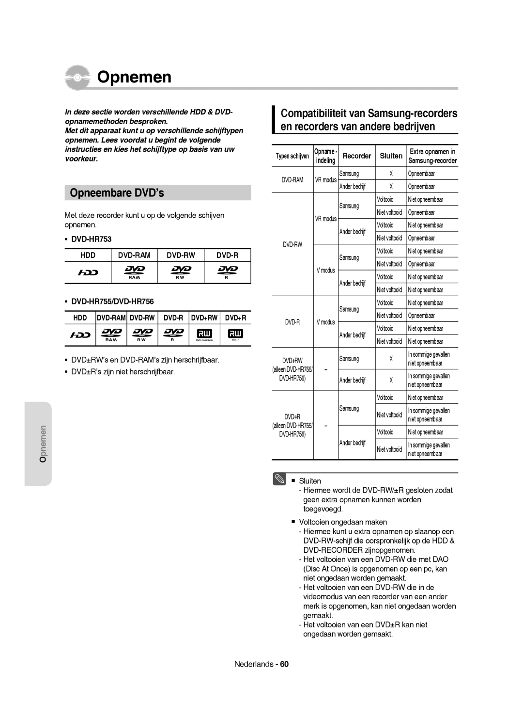 Samsung DVD-HR753/XEB, DVD-HR755/AUS, DVD-HR755/XEG, DVD-HR753/XEG, DVD-HR755/XEB manual Opnemen, Opneembare DVD’s, Sluiten 