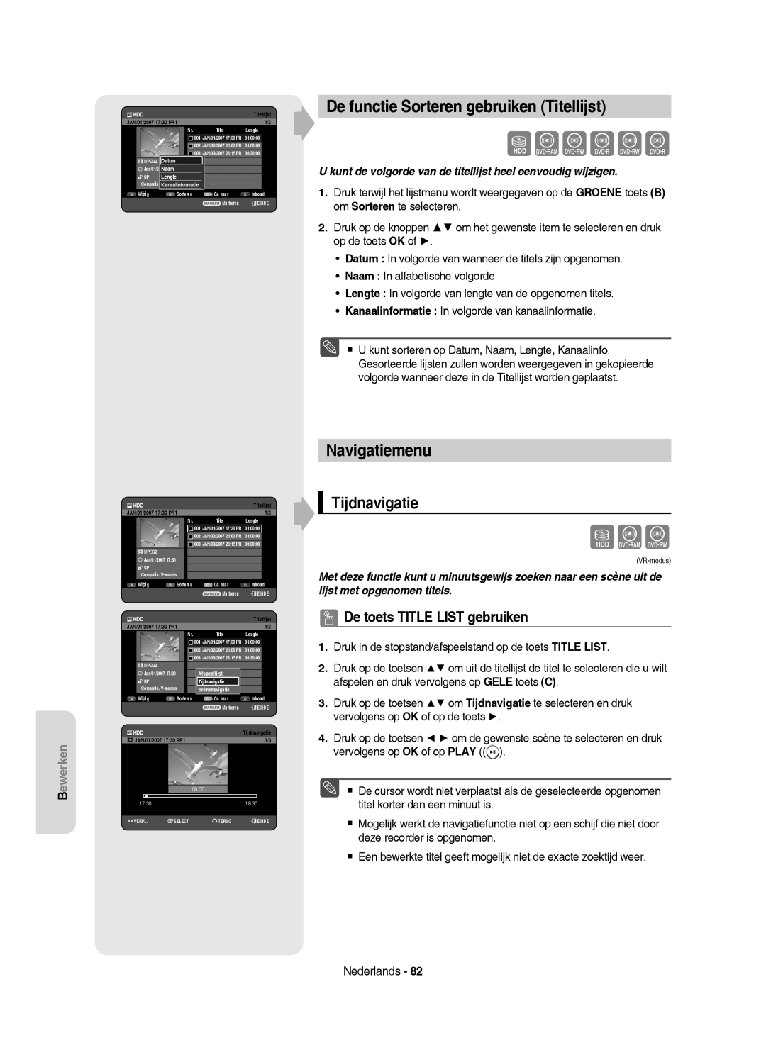 Samsung DVD-HR755/XEF, DVD-HR755/AUS, DVD-HR753/XEB De functie Sorteren gebruiken Titellijst, Navigatiemenu, Tijdnavigatie 