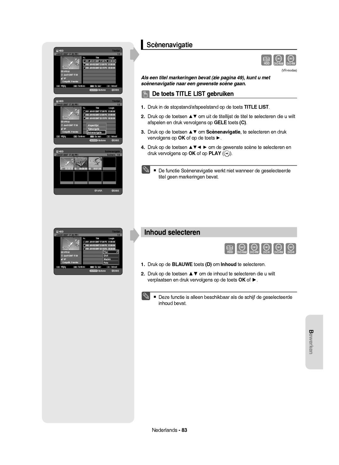 Samsung DVD-HR753/XET, DVD-HR755/AUS, DVD-HR753/XEB, DVD-HR755/XEG, DVD-HR753/XEG manual Inhoud selecteren, Scènenavigatie 