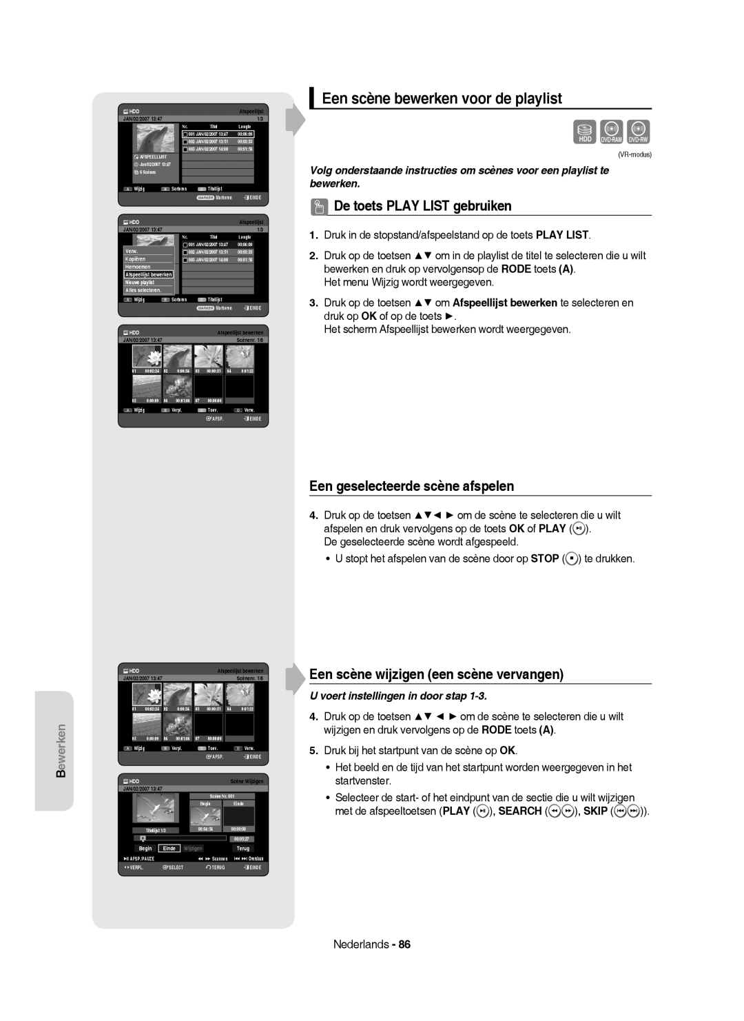 Samsung DVD-HR753/XEC manual Een scène bewerken voor de playlist, Een geselecteerde scène afspelen, Afspeellijst bewerken 