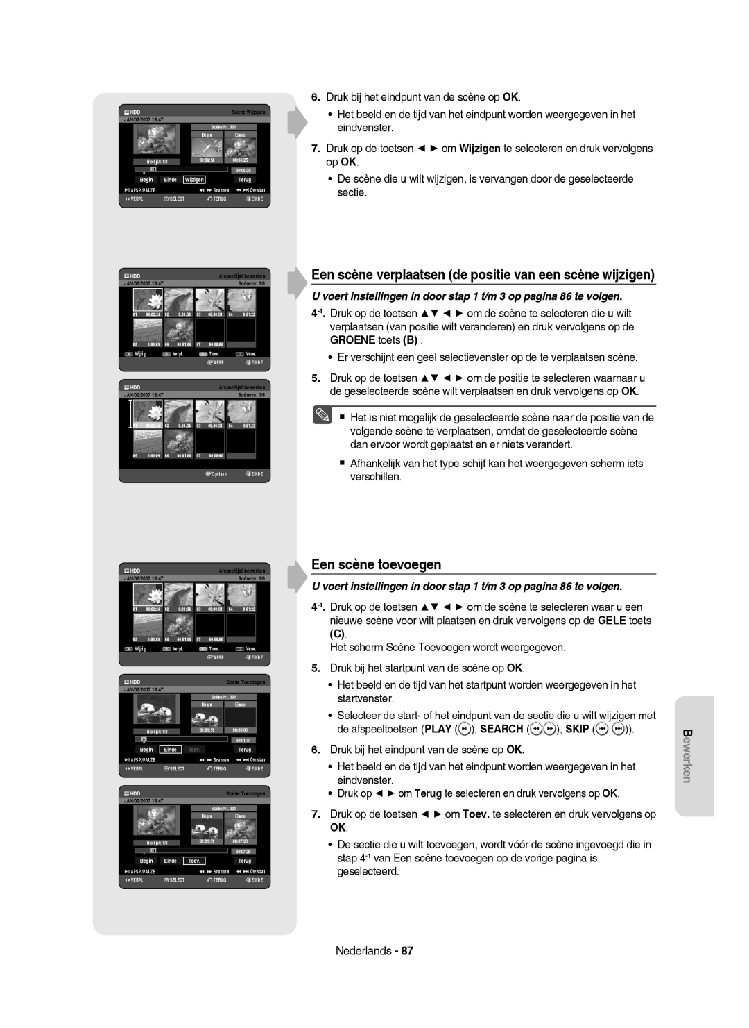 Samsung DVD-HR753/EUR Een scène toevoegen, Een scène verplaatsen de positie van een scène wijzigen, Begin Einde Toev Terug 