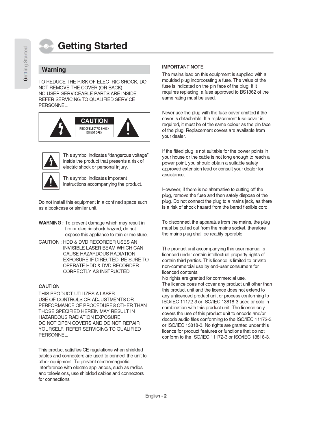 Samsung DVD-HR755/XEG, DVD-HR755/AUS, DVD-HR753/XEB manual Getting Started, No rights are granted for commercial use, English 