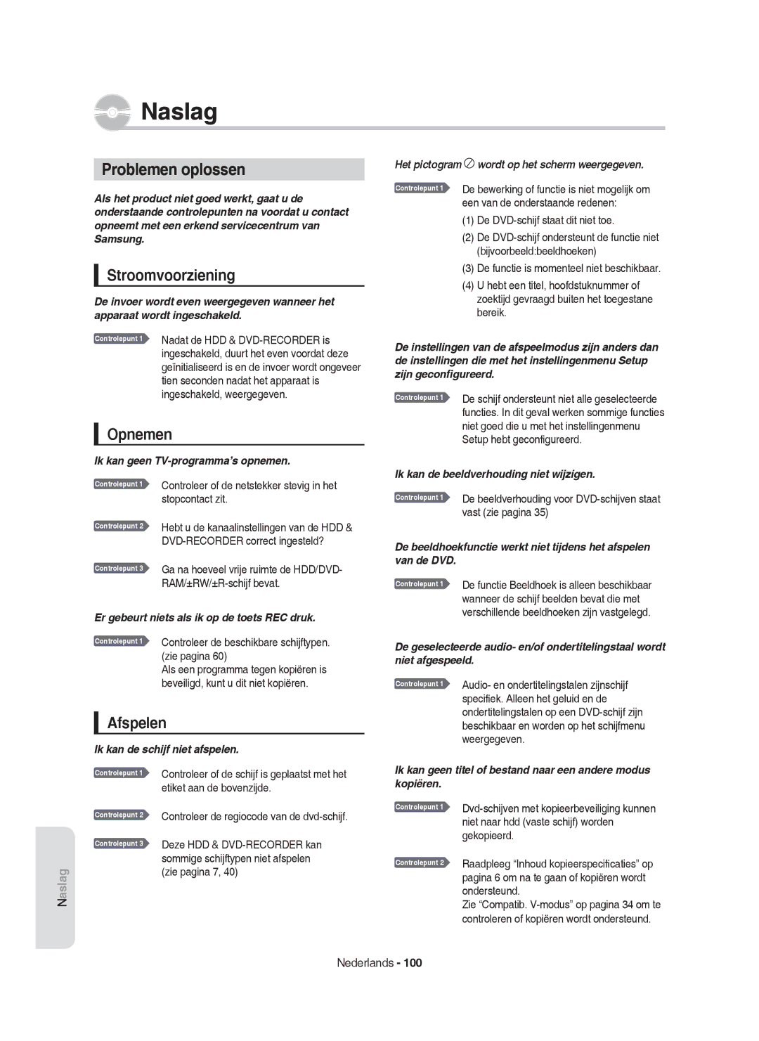 Samsung DVD-HR755/XEC, DVD-HR755/AUS, DVD-HR753/XEB manual Naslag, Problemen oplossen, Stroomvoorziening, Opnemen, Afspelen 