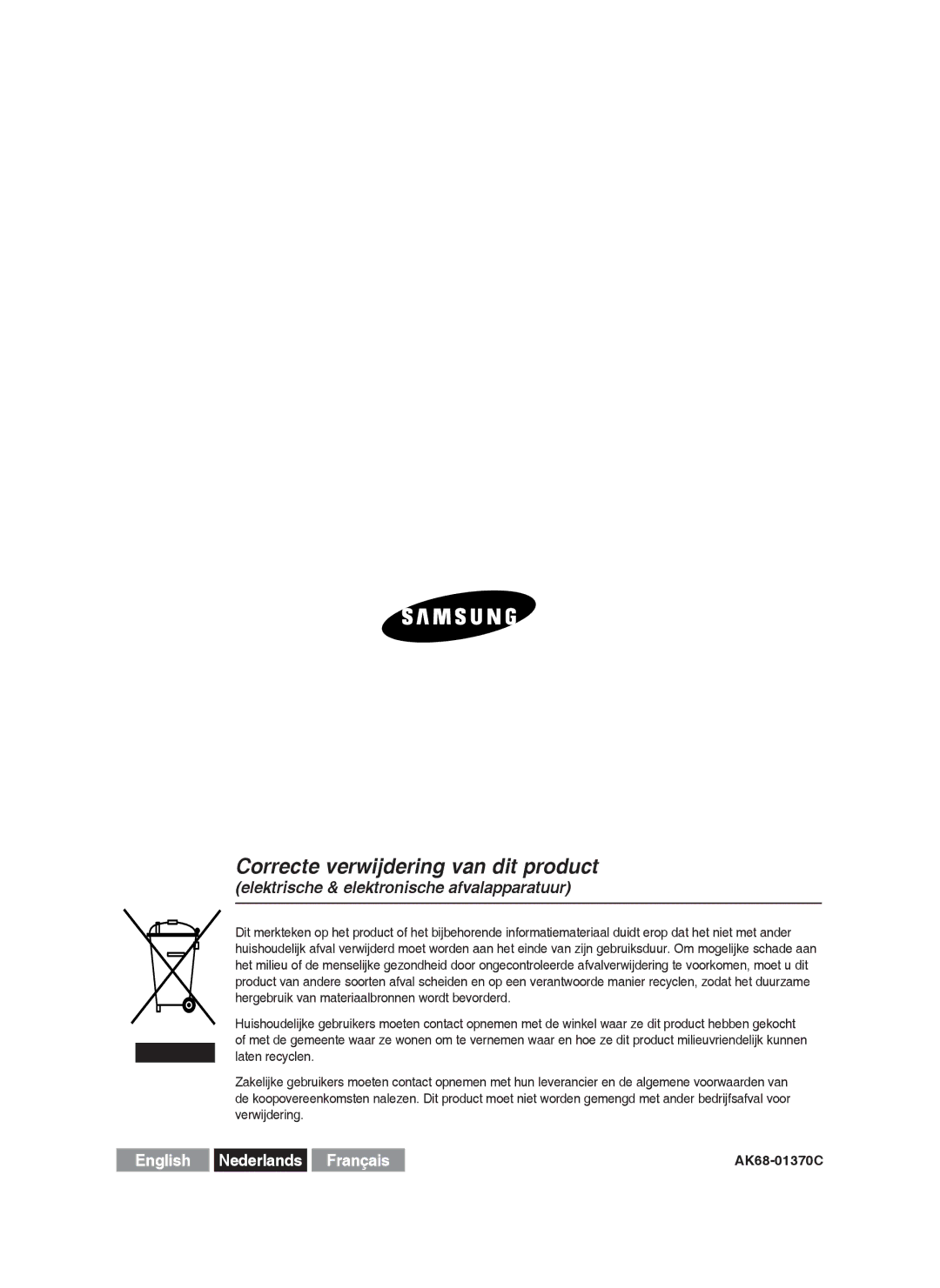 Samsung DVD-HR753/XEG, DVD-HR755/AUS, DVD-HR753/XEB, DVD-HR755/XEG, DVD-HR755/XEB manual Correcte verwijdering van dit product 