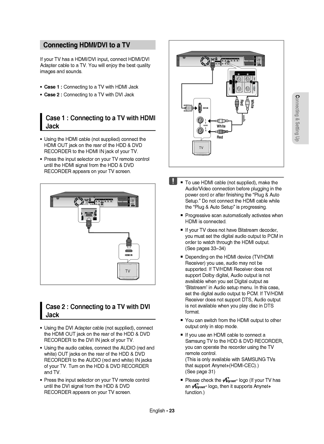 Samsung DVD-HR755/XEF, DVD-HR755/AUS, DVD-HR753/XEB Connecting HDMI/DVI to a TV, Case 1 Connecting to a TV with Hdmi Jack 