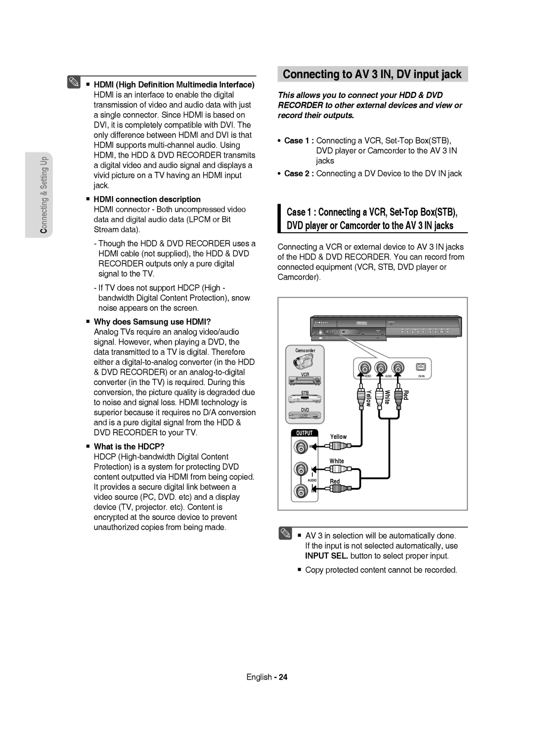 Samsung DVD-HR753/XET manual Connecting to AV 3 IN, DV input jack,  Hdmi connection description,  What is the HDCP? 