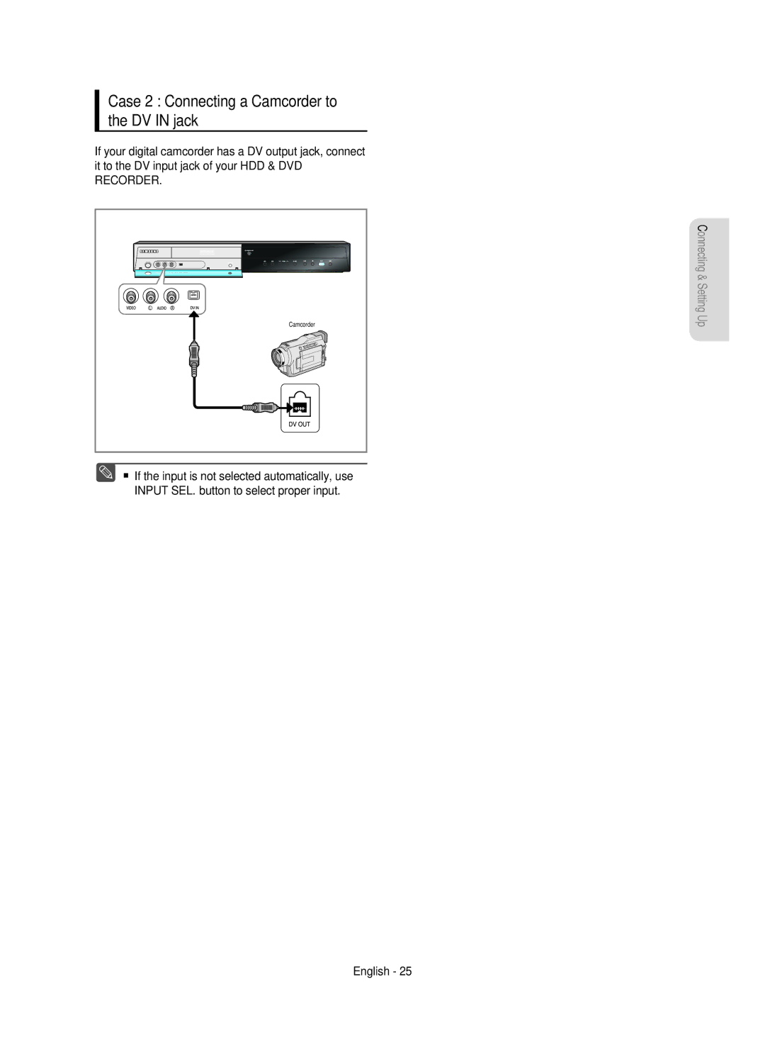 Samsung DVD-HR755/XET, DVD-HR755/AUS, DVD-HR753/XEB, DVD-HR755/XEG manual Case 2 Connecting a Camcorder to the DV in jack 