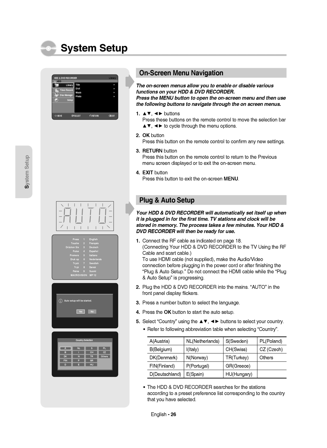 Samsung DVD-HR755/XEC, DVD-HR755/AUS manual System Setup, On-Screen Menu Navigation, Plug & Auto Setup, Return button 