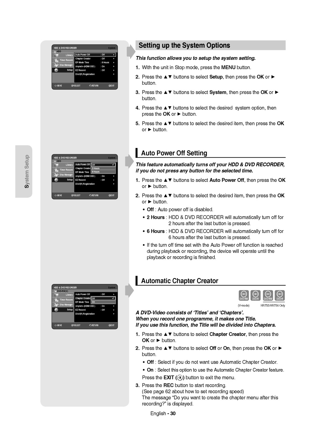 Samsung DVD-HR755/AUS, DVD-HR753/XEB manual Setting up the System Options, Auto Power Off Setting, Automatic Chapter Creator 