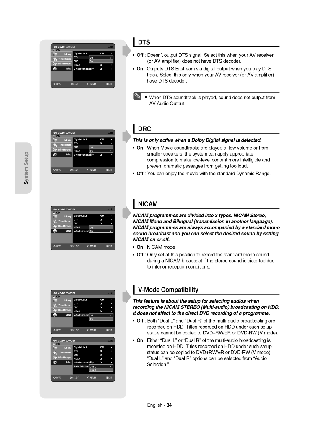 Samsung DVD-HR755/XEB Mode Compatibility, Off You can enjoy the movie with the standard Dynamic Range, Off Disc Manager 