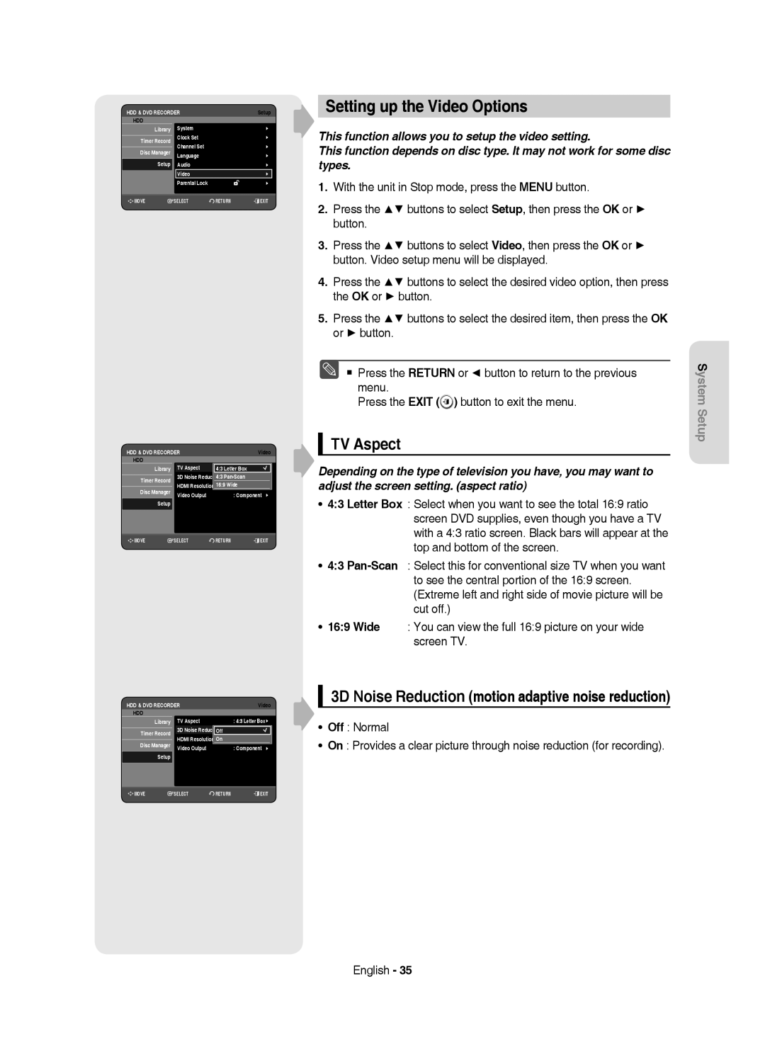 Samsung DVD-HR755/XEN manual Setting up the Video Options, TV Aspect, 3D Noise Reduction motion adaptive noise reduction 