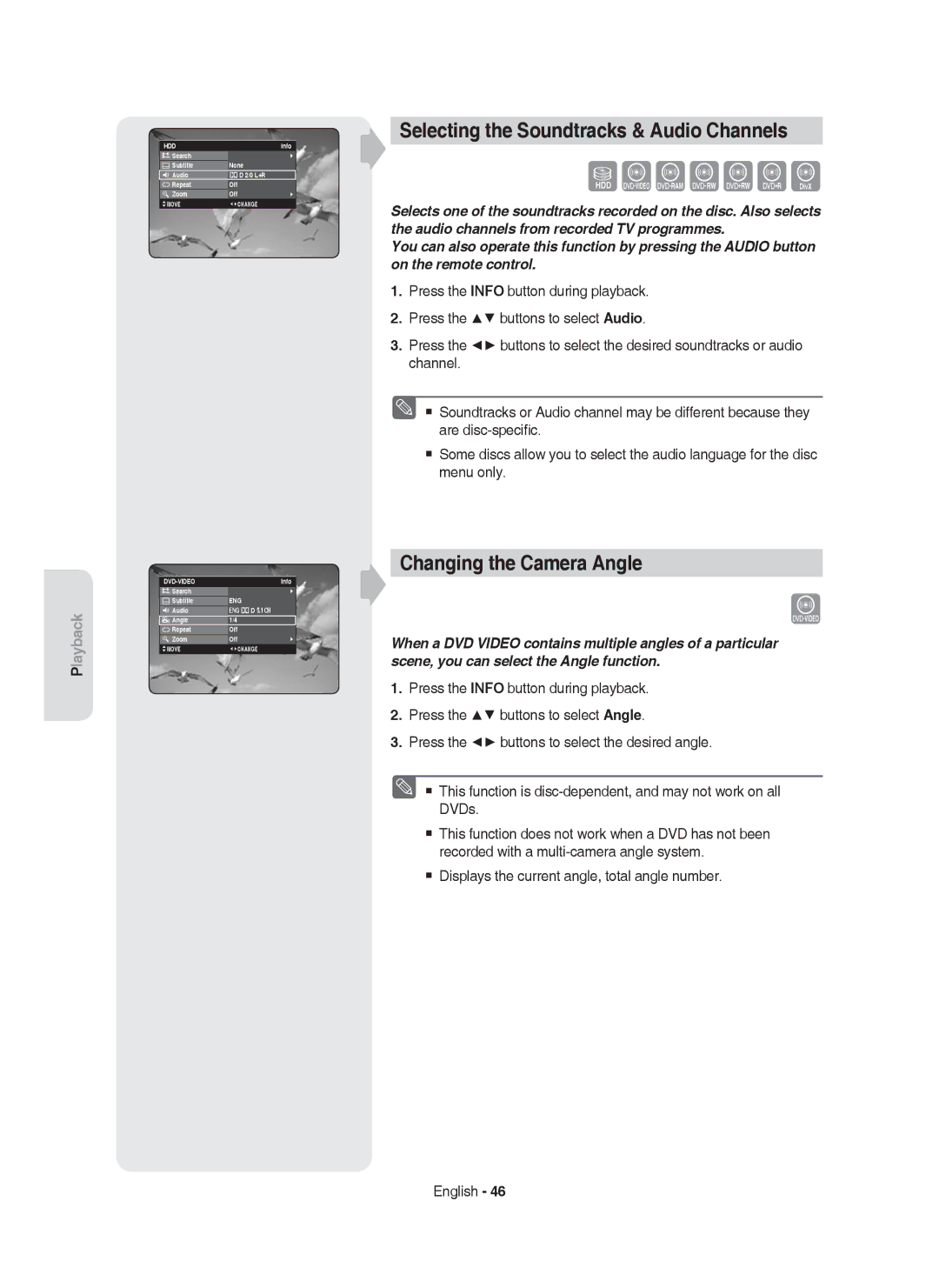 Samsung DVD-HR753/XEB manual Selecting the Soundtracks & Audio Channels, Changing the Camera Angle, Search Subtitle 