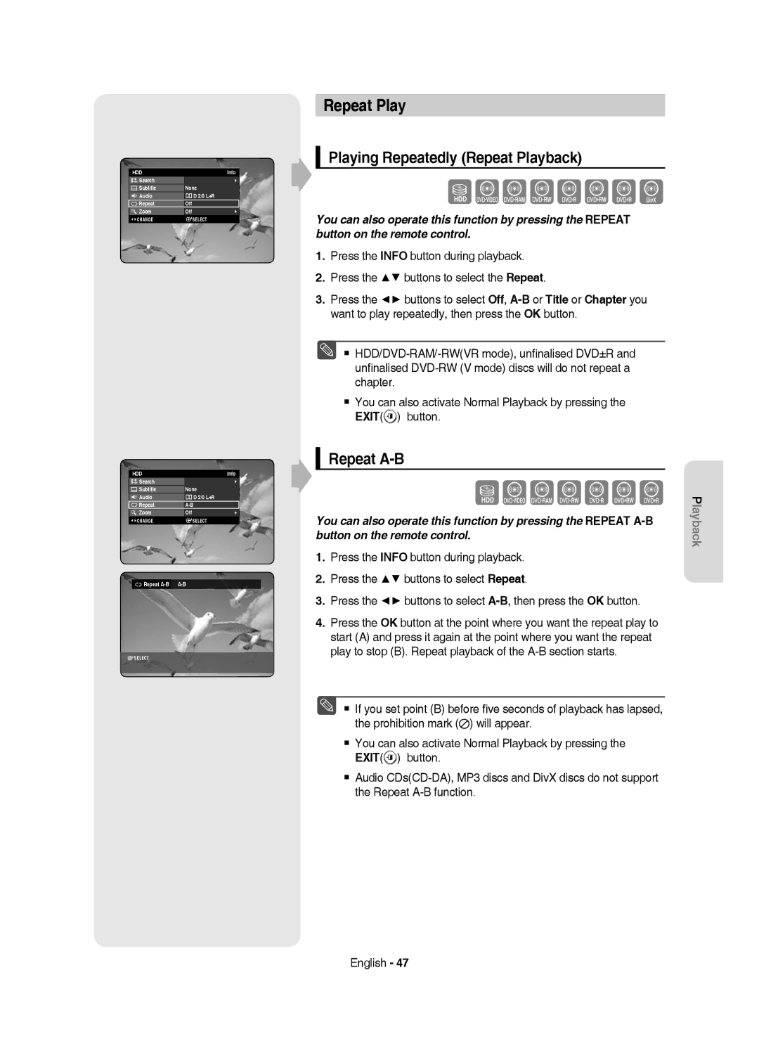 Samsung DVD-HR755/XEG, DVD-HR755/AUS, DVD-HR753/XEB manual Playing Repeatedly Repeat Playback, Repeat A-B A-B 