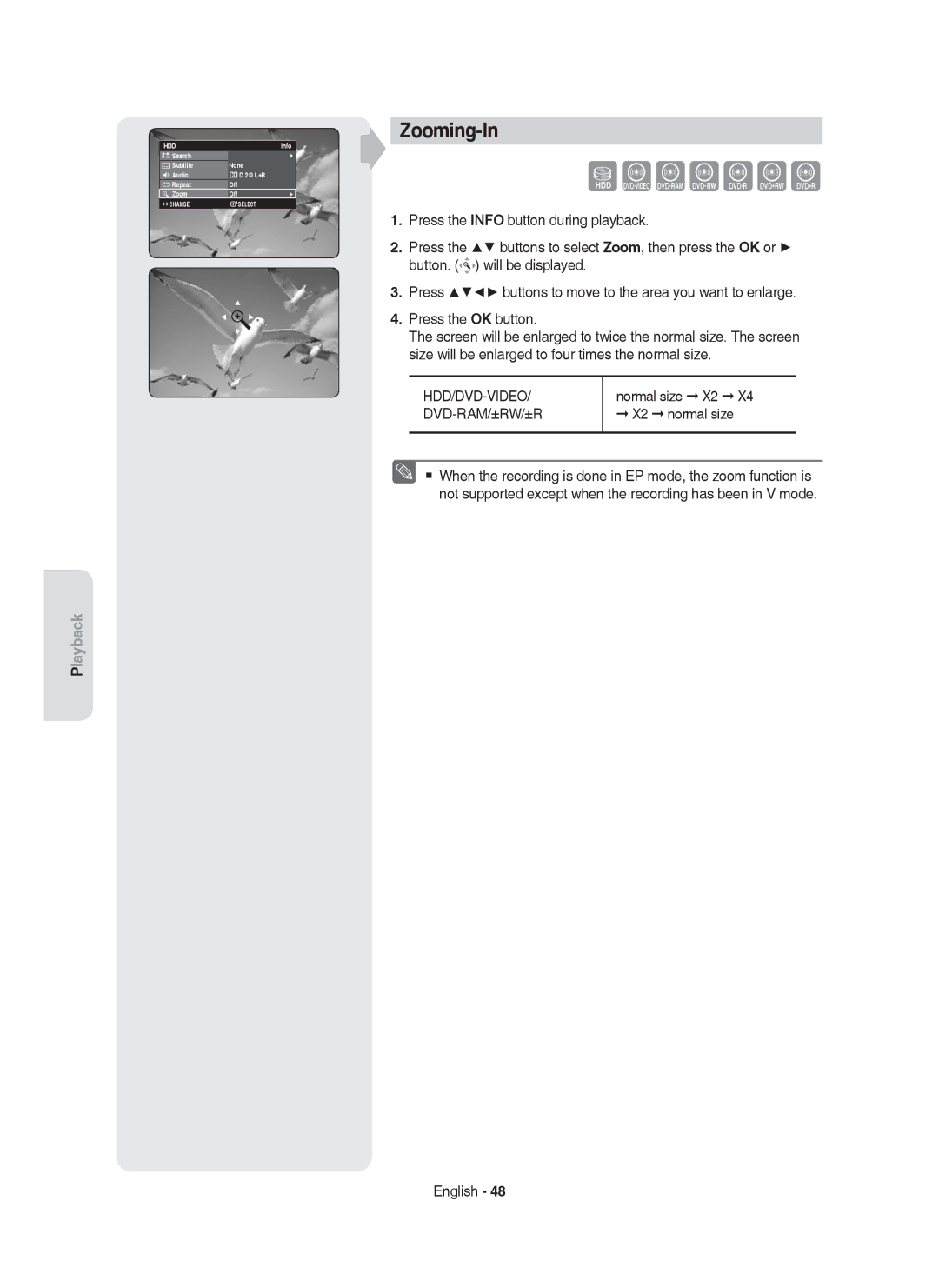 Samsung DVD-HR753/XEG, DVD-HR755/AUS, DVD-HR753/XEB, DVD-HR755/XEG, DVD-HR755/XEB Zooming-In, Normal size X2, X2 normal size 