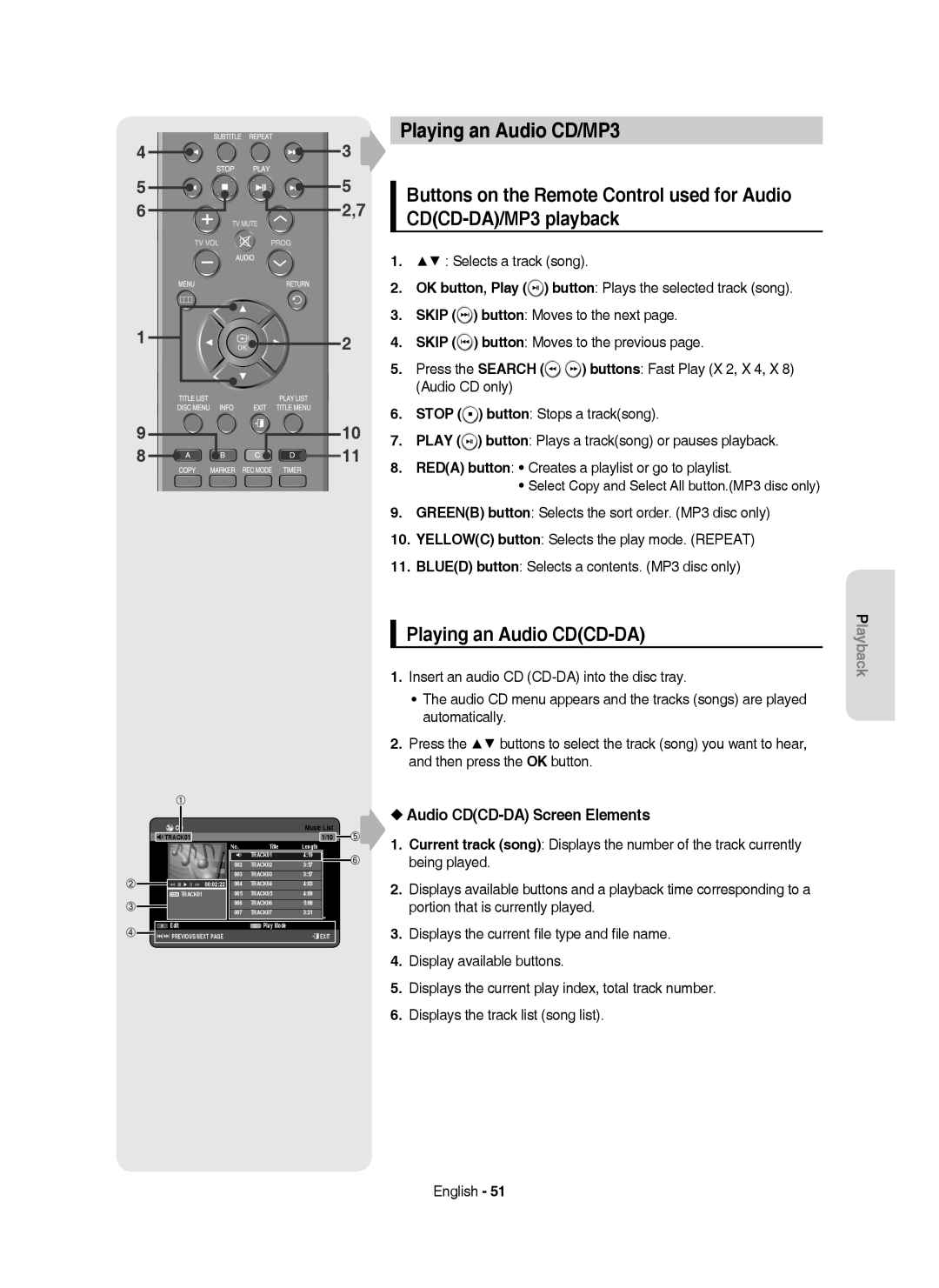 Samsung DVD-HR753/AUS manual Playing an Audio CD/MP3, Playing an Audio CDCD-DA, Audio CDCD-DA Screen Elements, Music List 