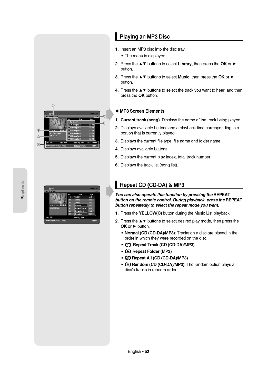 Samsung DVD-HR753/XEF, DVD-HR755/AUS, DVD-HR753/XEB manual Playing an MP3 Disc, Repeat CD CD-DA & MP3, MP3 Screen Elements 