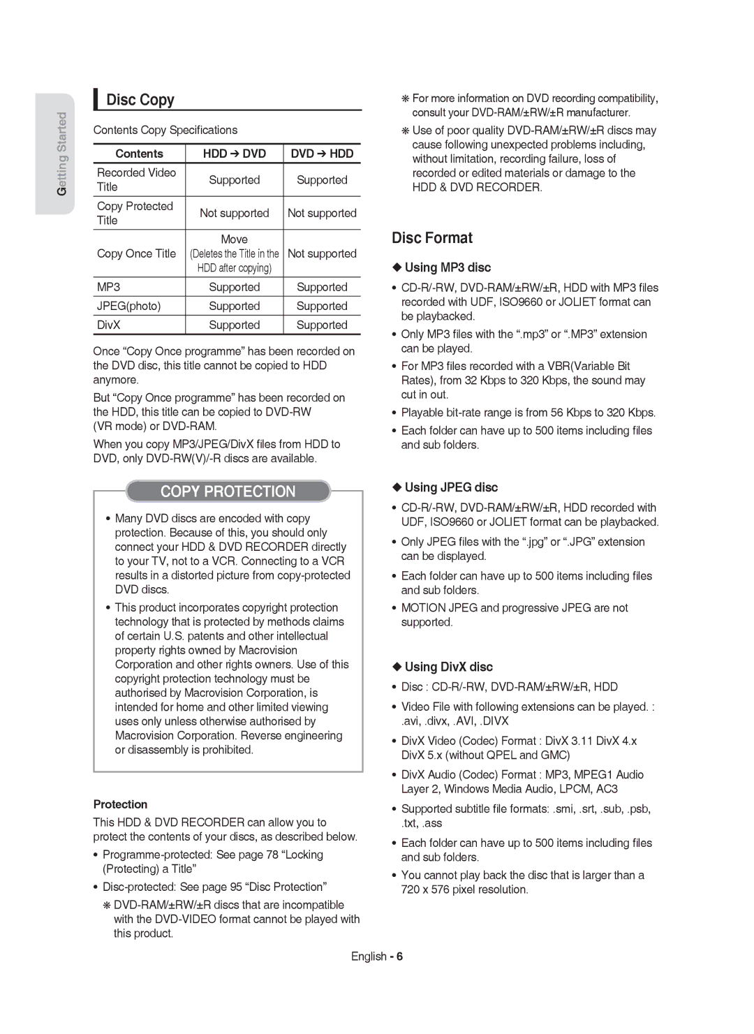 Samsung DVD-HR753/AUS, DVD-HR755/AUS manual Disc Copy, Disc Format, Using MP3 disc, Using Jpeg disc, Using DivX disc 