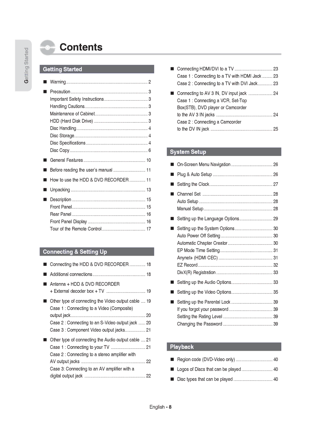 Samsung DVD-HR755/XEF, DVD-HR755/AUS, DVD-HR753/XEB, DVD-HR755/XEG, DVD-HR753/XEG, DVD-HR755/XEB, DVD-HR755/XEN manual Contents 