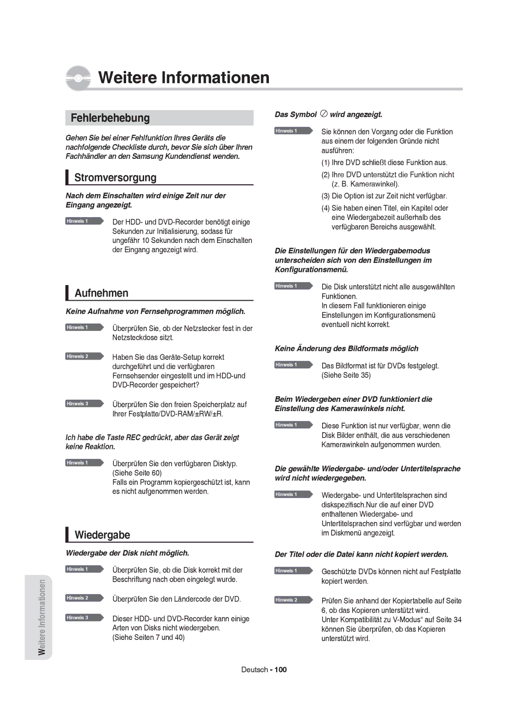 Samsung DVD-HR755/XEB manual Stromversorgung, Aufnehmen, Wiedergabe, Arten von Disks nicht wiedergeben, Siehe Seiten 7 und 