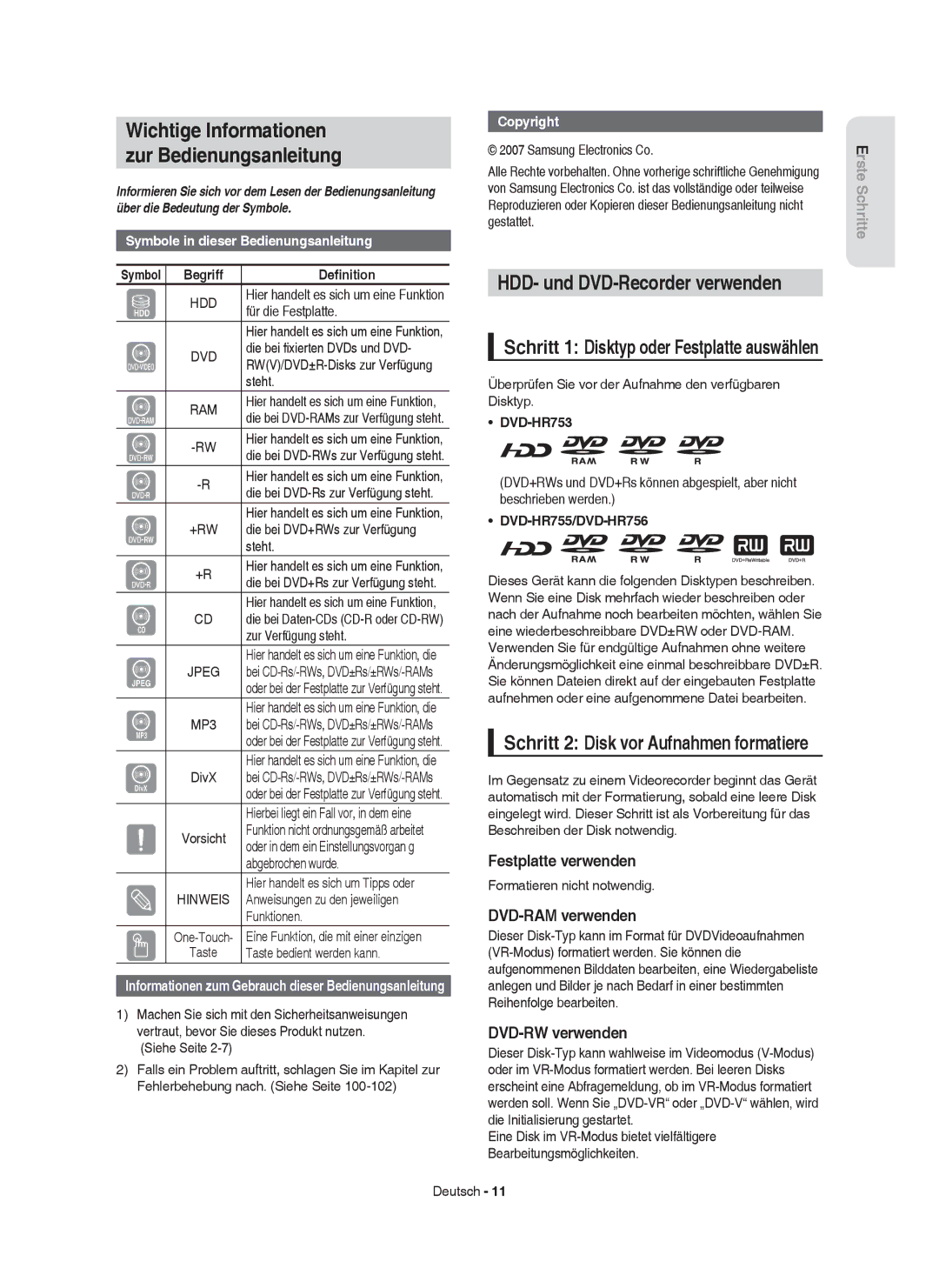 Samsung DVD-HR753/XEG, DVD-HR755/AUS manual Wichtige Informationen Zur Bedienungsanleitung, HDD- und DVD-Recorder verwenden 