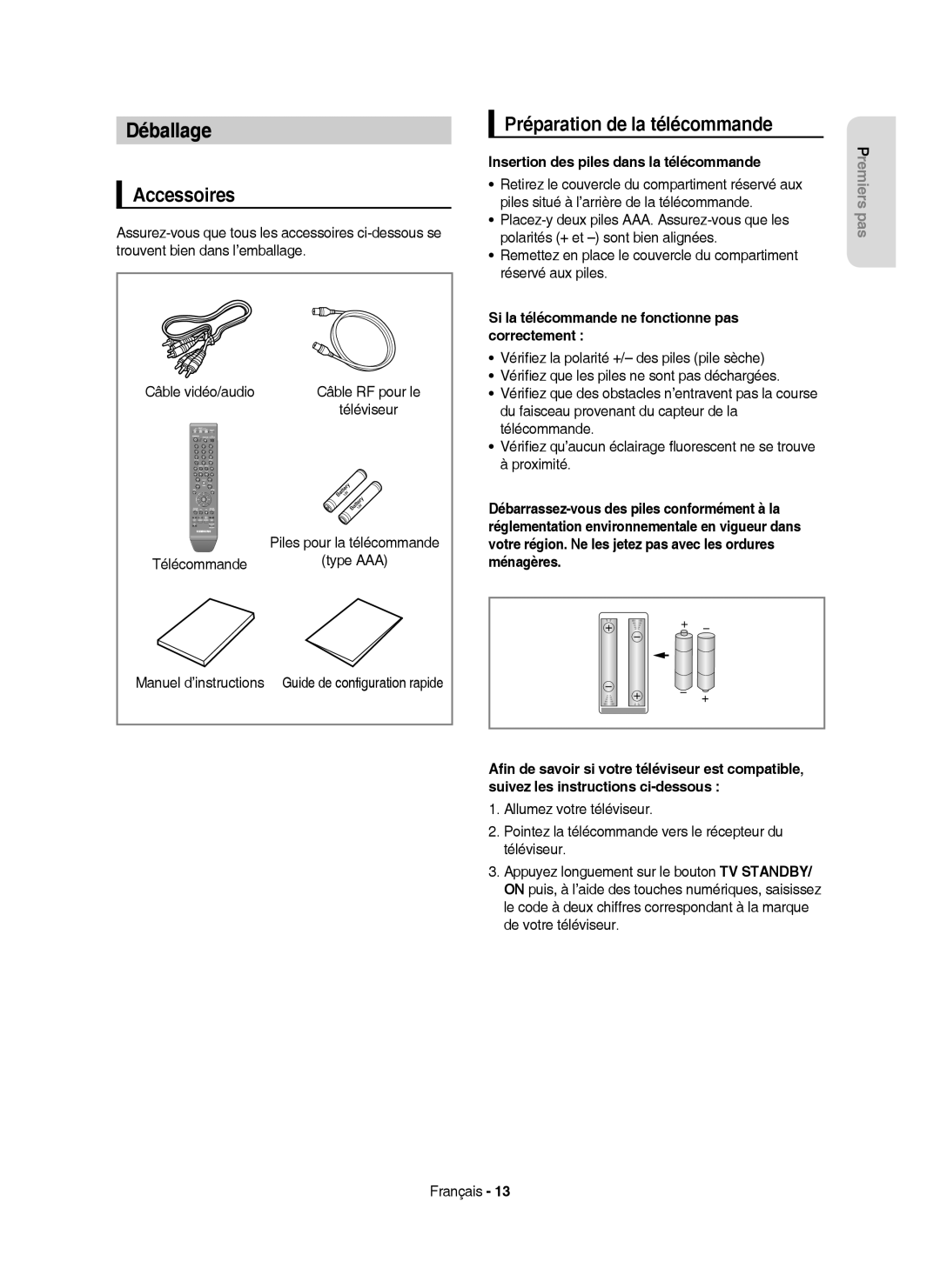 Samsung DVD-HR755/AUS Déballage, Accessoires, Préparation de la télécommande, Insertion des piles dans la télécommande 