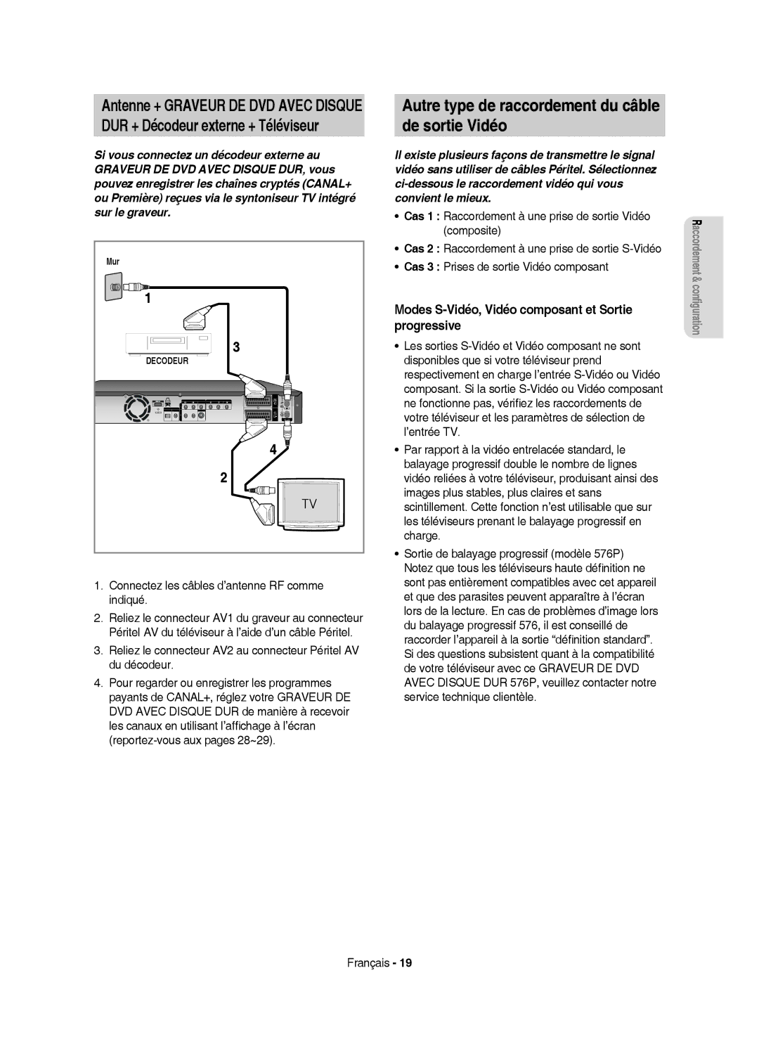 Samsung DVD-HR753/AUS manual Autre type de raccordement du câble De sortie Vidéo, DUR + Décodeur externe + Téléviseur 