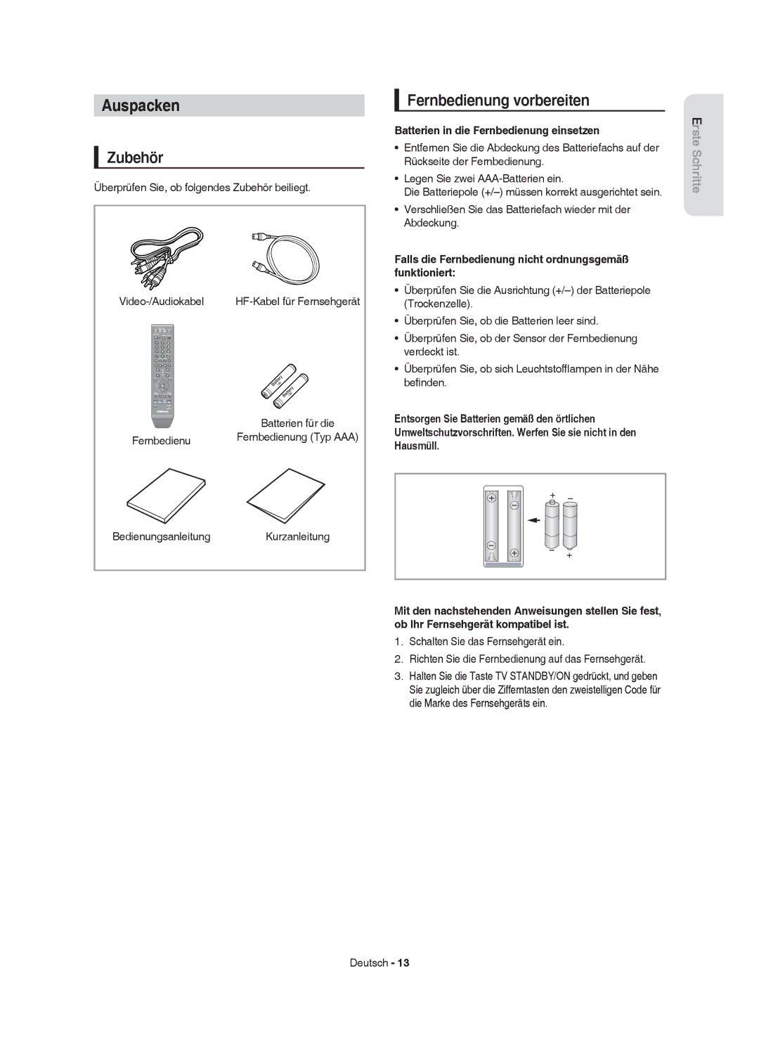 Samsung DVD-HR755/XEN manual Auspacken, Zubehör, Fernbedienung vorbereiten, Batterien in die Fernbedienung einsetzen 