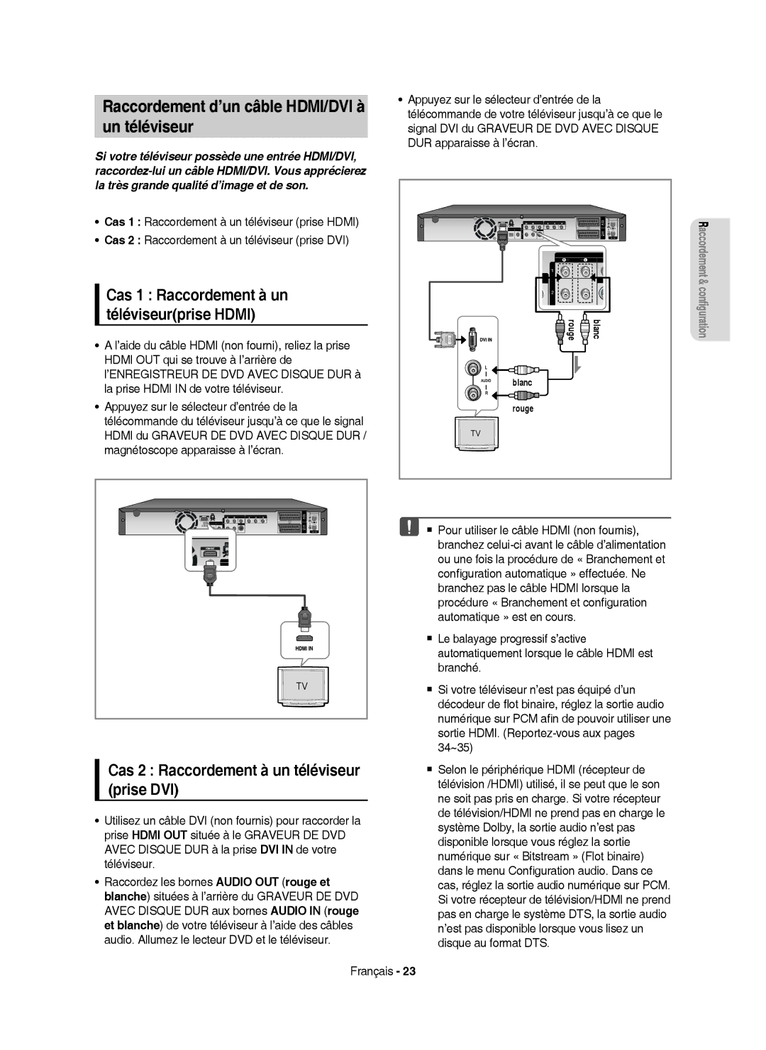 Samsung DVD-HR755/XEG manual Raccordement d’un câble HDMI/DVI à Un téléviseur, Cas 2 Raccordement à un téléviseur prise DVI 