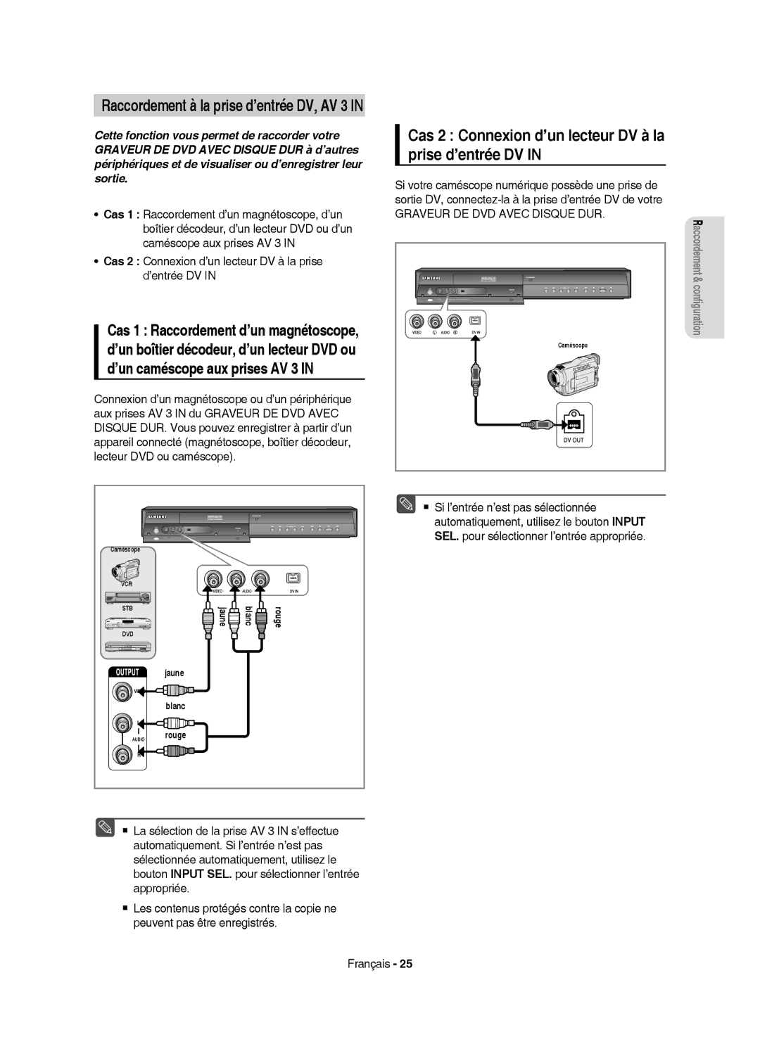 Samsung DVD-HR755/XEB Cas 2 Connexion d’un lecteur DV à la prise d’entrée DV, Raccordement à la prise d’entrée DV, AV 3 