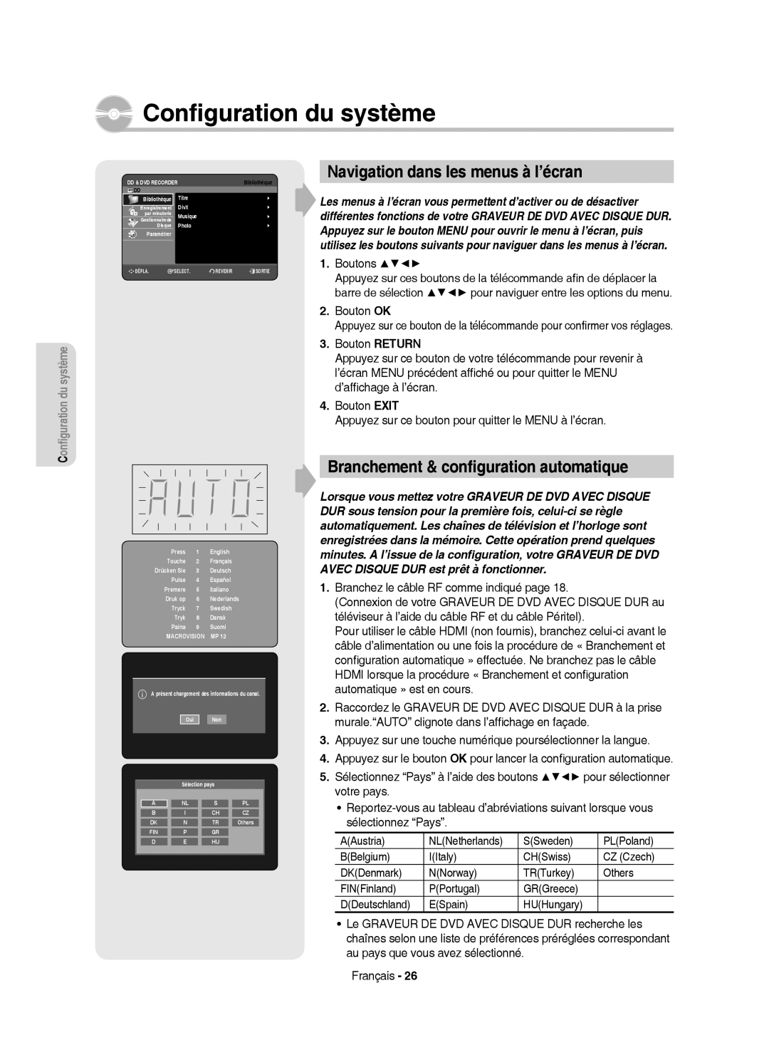 Samsung DVD-HR755/XEN Navigation dans les menus à l’écran, Branchement & conﬁguration automatique, Boutons, Bouton OK 