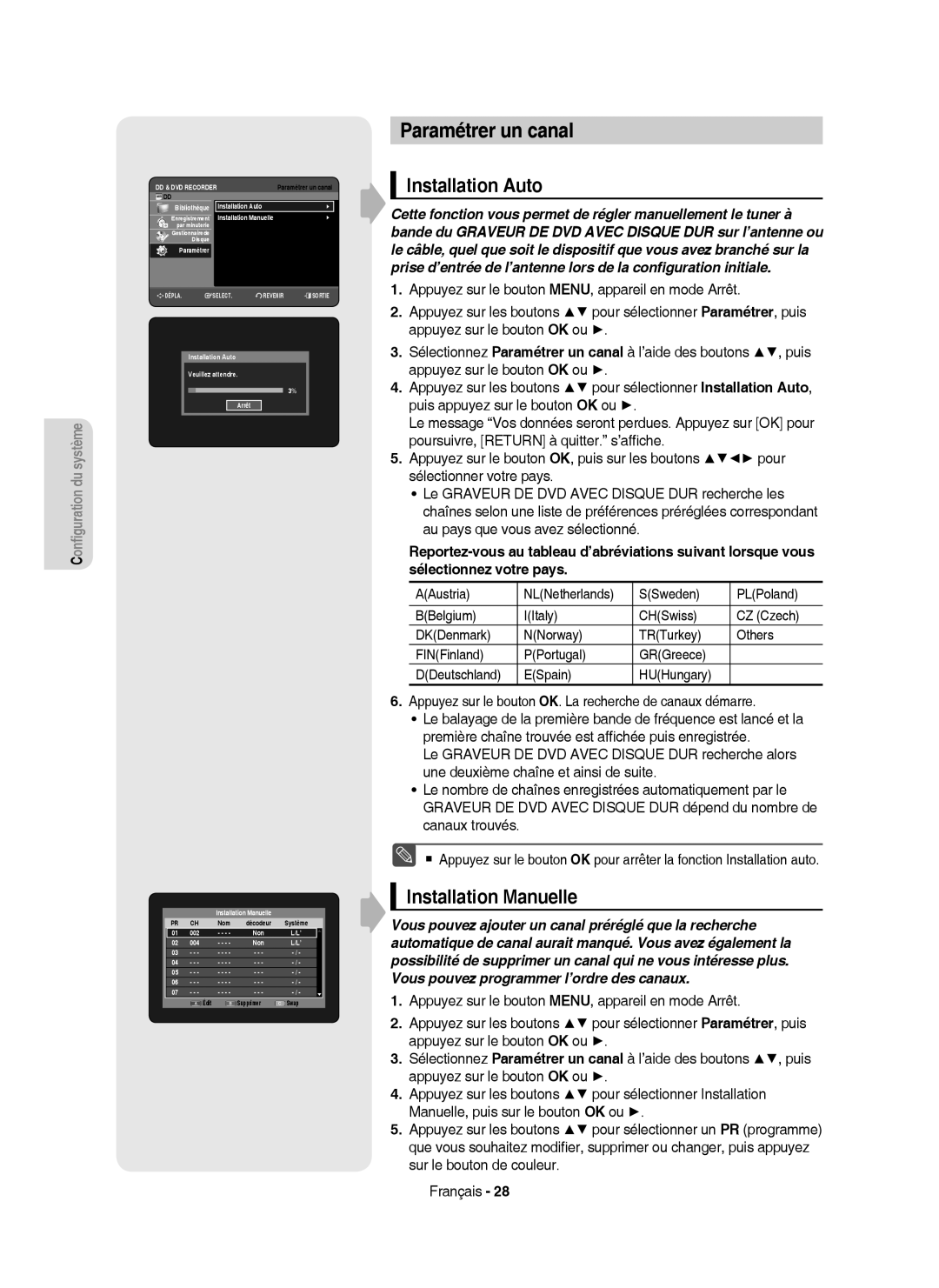 Samsung DVD-HR753/XEF, DVD-HR755/AUS, DVD-HR753/XEB manual Paramétrer un canal, Installation Auto, Installation Manuelle 