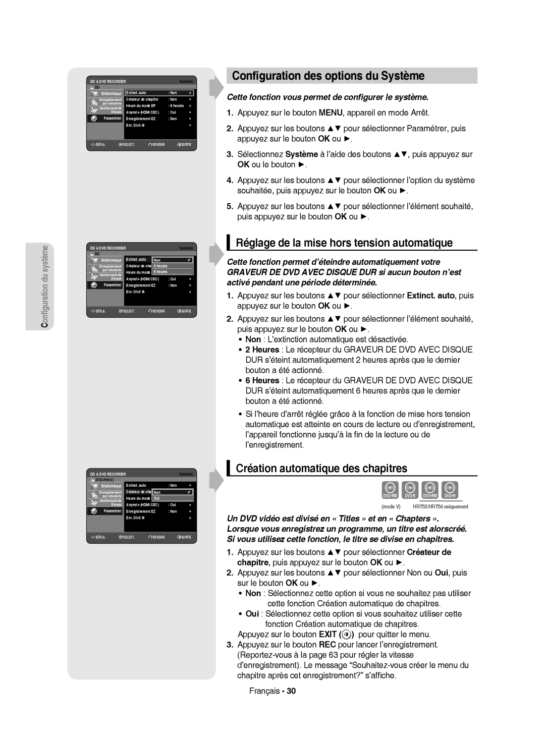 Samsung DVD-HR753/XEB manual Conﬁguration des options du Système, Réglage de la mise hors tension automatique, Dvd-Rwv 