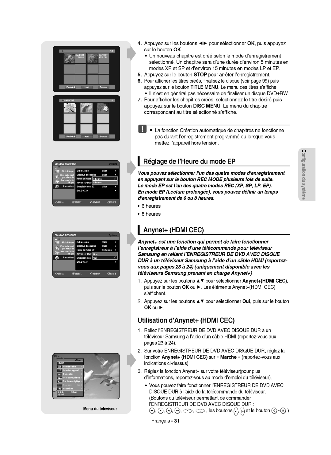 Samsung DVD-HR755/XEG, DVD-HR755/AUS manual Réglage de l’Heure du mode EP, Utilisation d’Anynet+ Hdmi CEC, Heures 