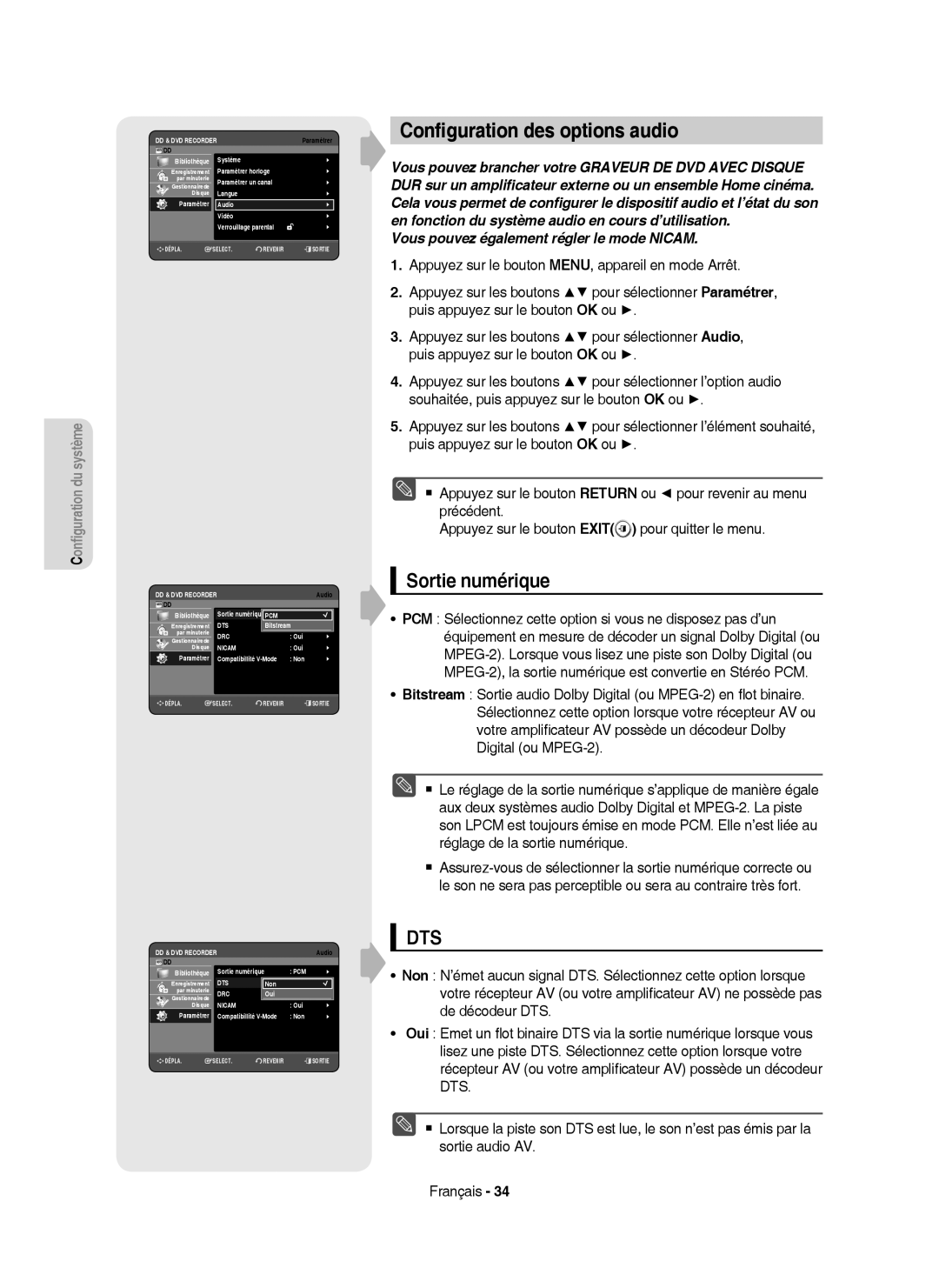 Samsung DVD-HR755/XEN manual Conﬁguration des options audio, Sortie numérique, Bibliothèque Système Paramétrer horloge 