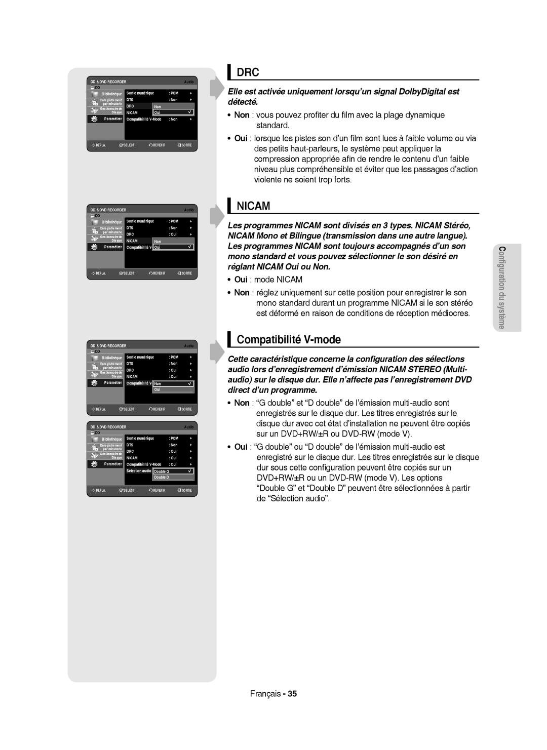 Samsung DVD-HR753/AUS, DVD-HR755/AUS manual Compatibilité V-mode, Oui mode Nicam, Non Oui Paramétrer, Double G Double D 