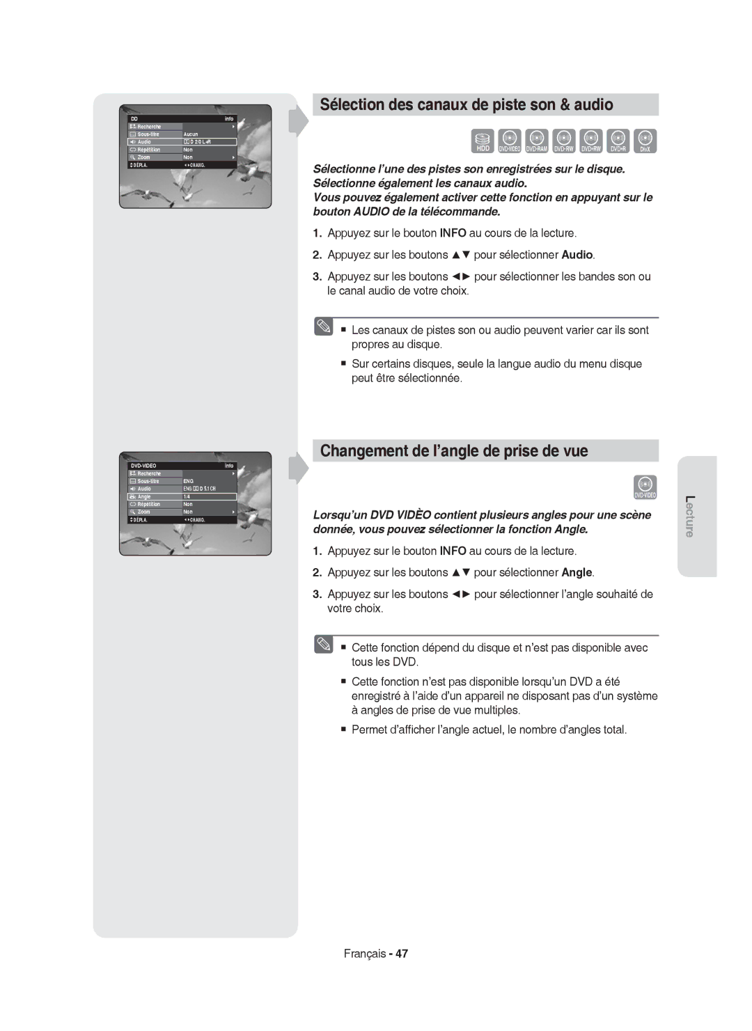 Samsung DVD-HR755/XEG, DVD-HR755/AUS manual Sélection des canaux de piste son & audio, Changement de l’angle de prise de vue 