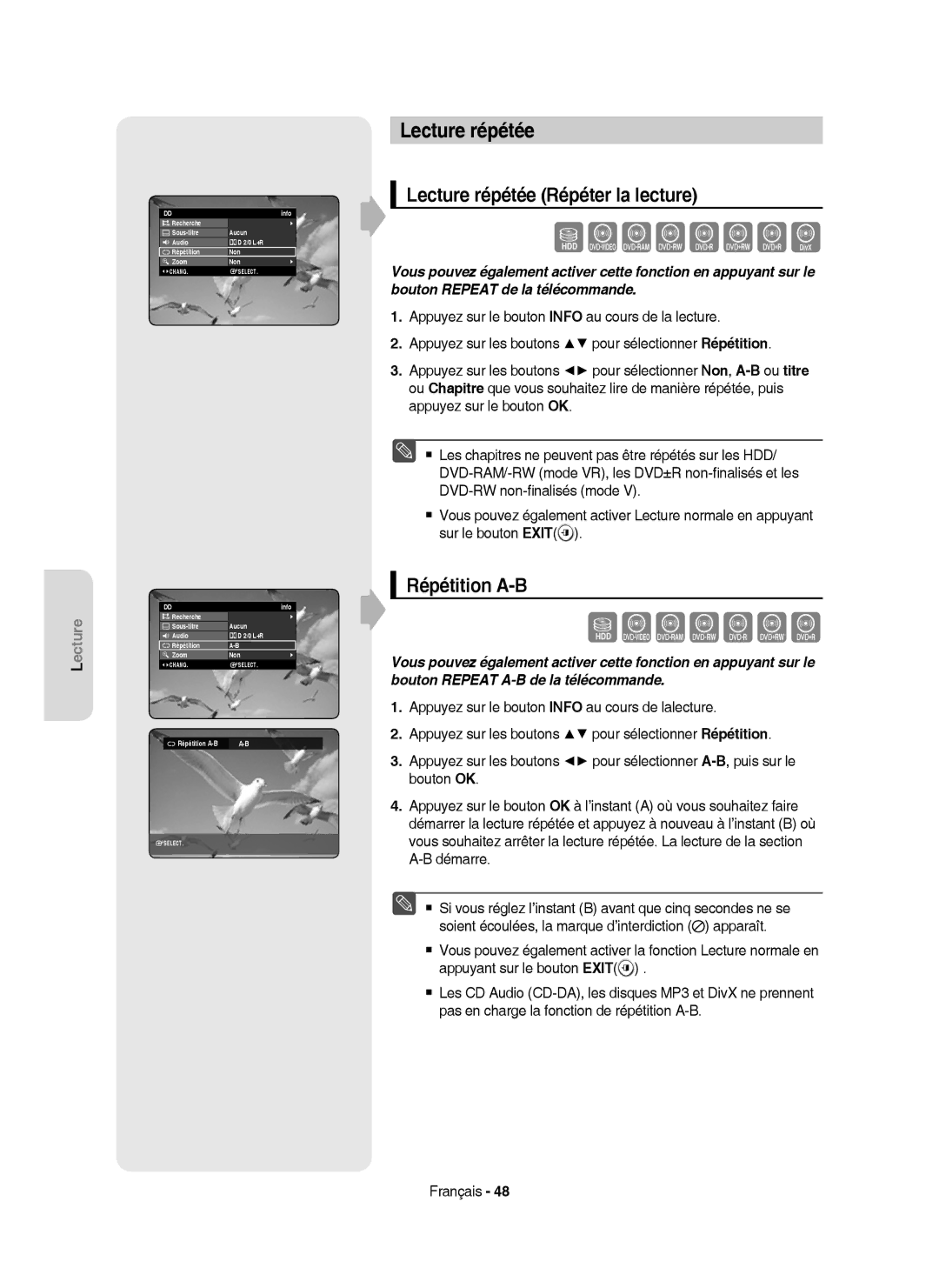 Samsung DVD-HR753/XEG, DVD-HR755/AUS, DVD-HR753/XEB, DVD-HR755/XEG Lecture répétée Répéter la lecture, Répétition A-B 