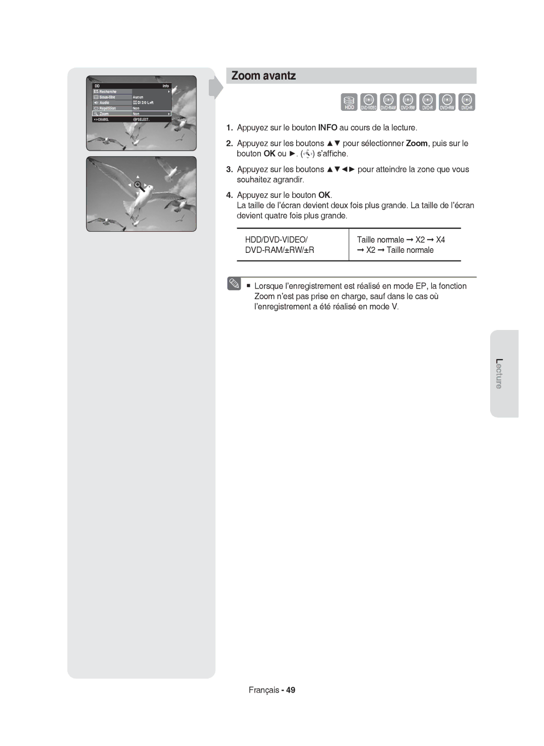 Samsung DVD-HR755/XEB, DVD-HR755/AUS, DVD-HR753/XEB, DVD-HR755/XEG, DVD-HR753/XEG manual Zoom avantz, X2 Taille normale 