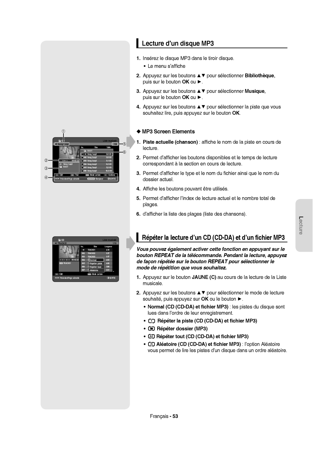 Samsung DVD-HR755/AUS Lecture d’un disque MP3, Répéter la lecture d’un CD CD-DA et d’un ﬁchier MP3, MP3 Screen Elements 