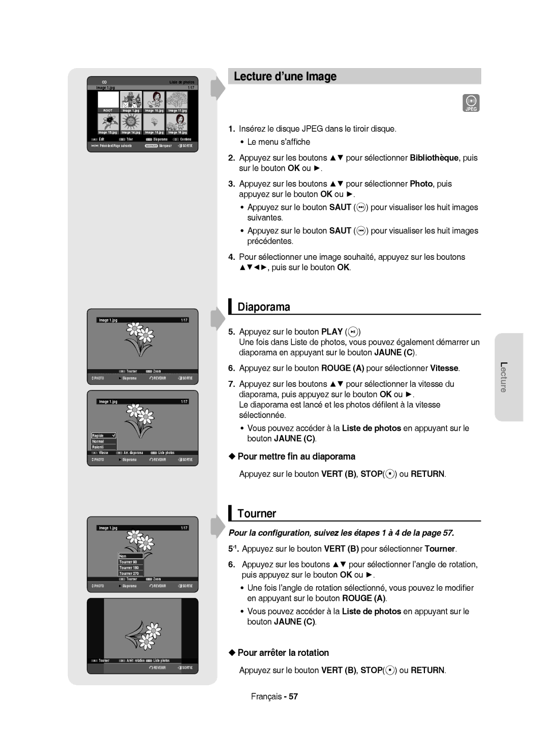 Samsung DVD-HR755/XEB manual Lecture d’une Image, Diaporama, Tourner, Pour mettre ﬁn au diaporama, Pour arrêter la rotation 