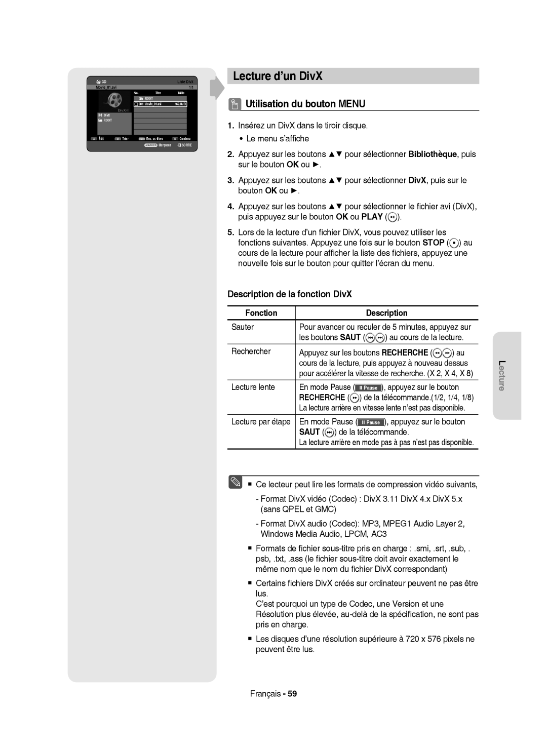 Samsung DVD-HR753/AUS Lecture d’un DivX, Utilisation du bouton Menu, Description de la fonction DivX, Fonction Description 